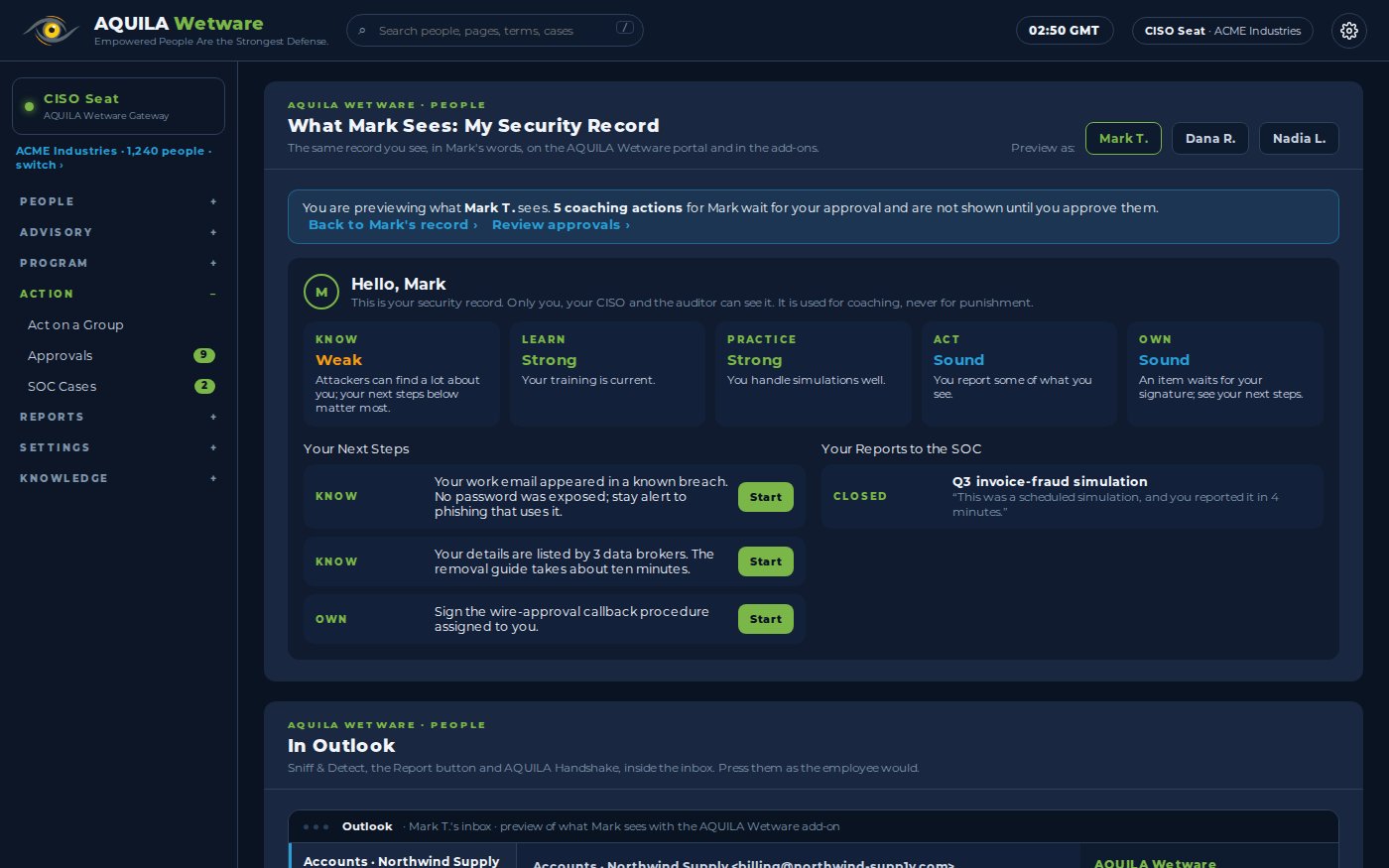 The employee view of their own record in AQUILA Wetware.